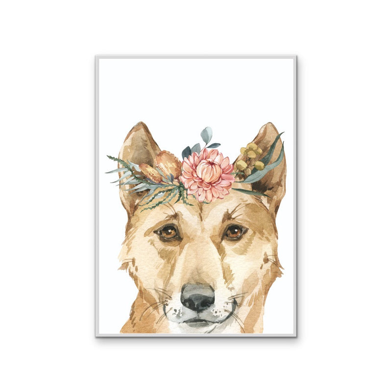 Dingo Flower Crown - Australian Native Animal Stretched Canvas or Wall Art Print I Heart Wall Art