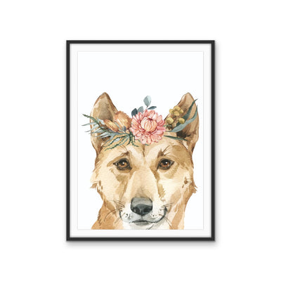 Dingo Flower Crown - Australian Native Animal Stretched Canvas or Wall Art Print I Heart Wall Art