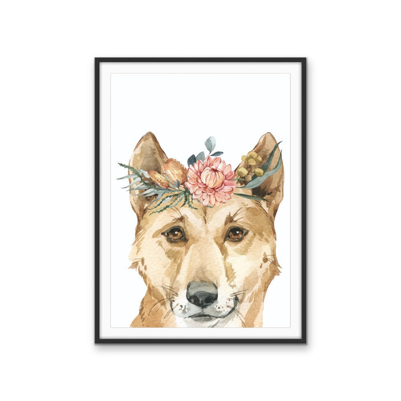 Dingo Flower Crown - Australian Native Animal Stretched Canvas or Wall Art Print I Heart Wall Art