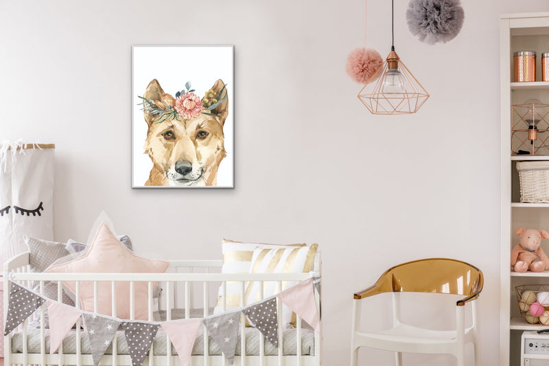 Dingo Flower Crown - Australian Native Animal Stretched Canvas or Wall Art Print I Heart Wall Art