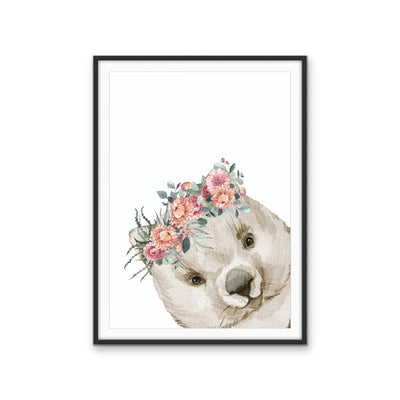 Peeking Wombat Flower Crown - Australian Native Animal Stretched Canvas or Wall Art Print I Heart Wall Art