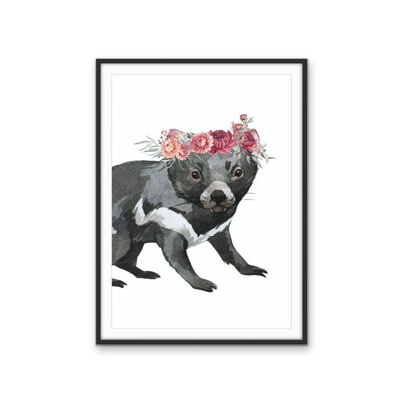 Tassie Devil Flower Crown - Australian Native Animal Stretched Canvas or Wall Art Print I Heart Wall Art