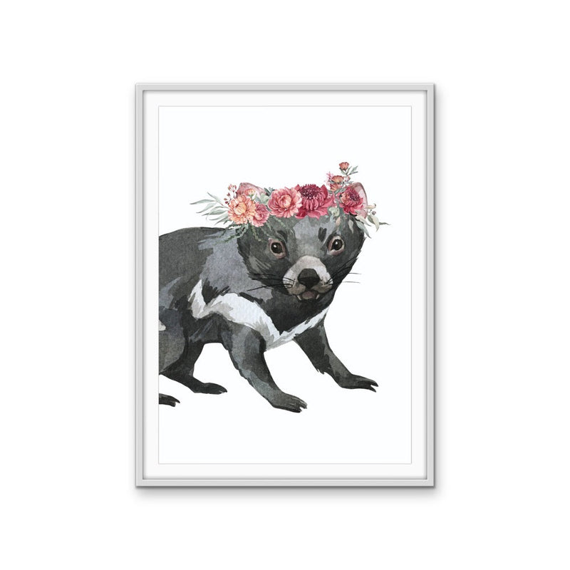 Tassie Devil Flower Crown - Australian Native Animal Stretched Canvas or Wall Art Print I Heart Wall Art