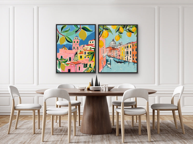 Walk In Italy- Two Piece Pink, Blue & Orange Set, Stretched Canvas or Wall Art Print