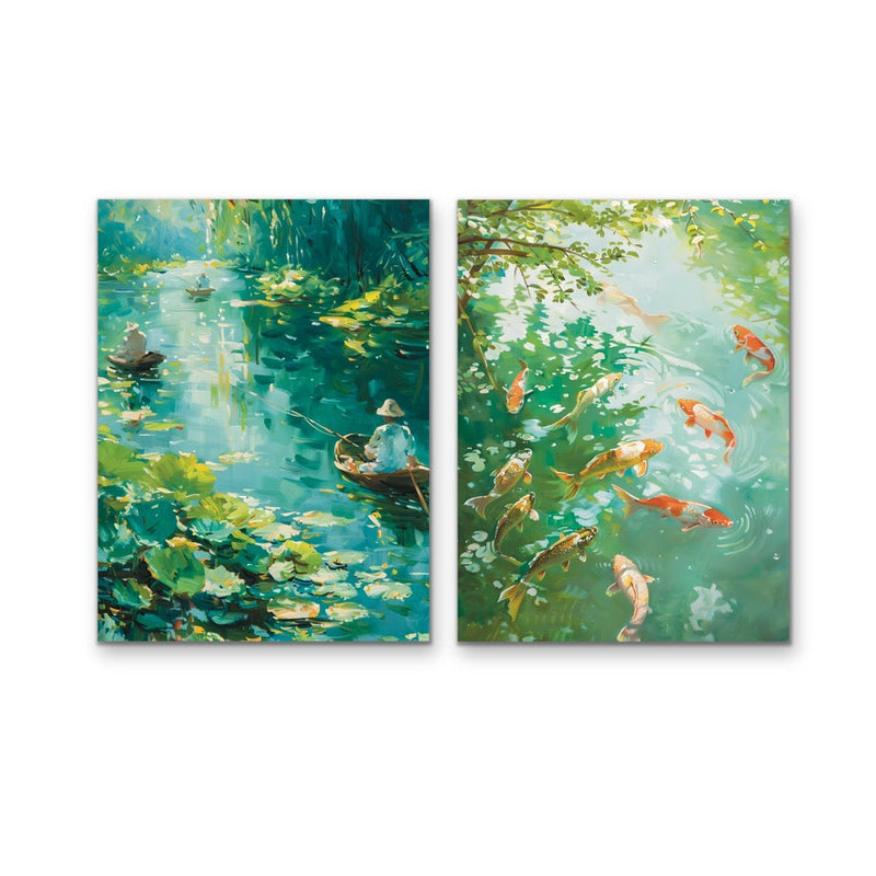 Amongst the Koi - Green Two Piece Nature Set, Stretched Canvas or Wall Art Print I Heart Wall Art Australia