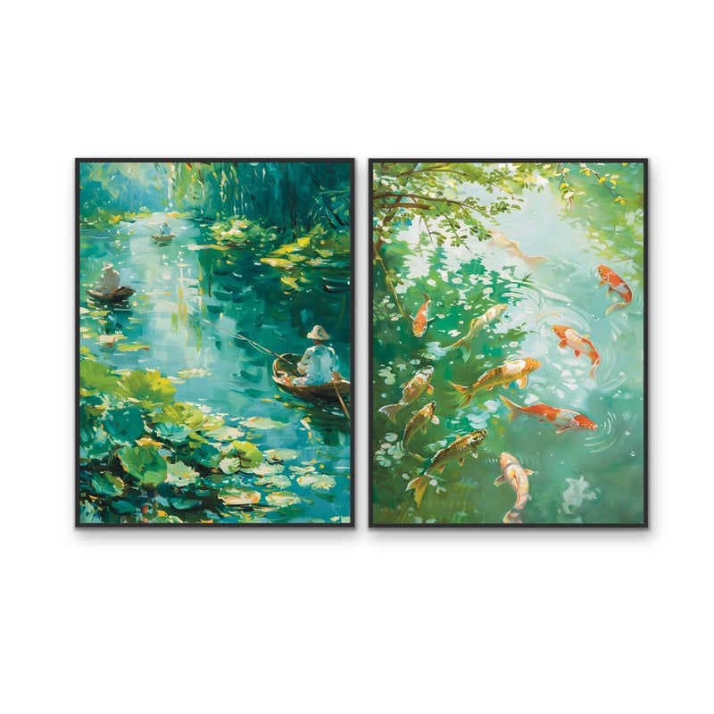 Amongst the Koi - Green Two Piece Nature Set, Stretched Canvas or Wall Art Print I Heart Wall Art Australia