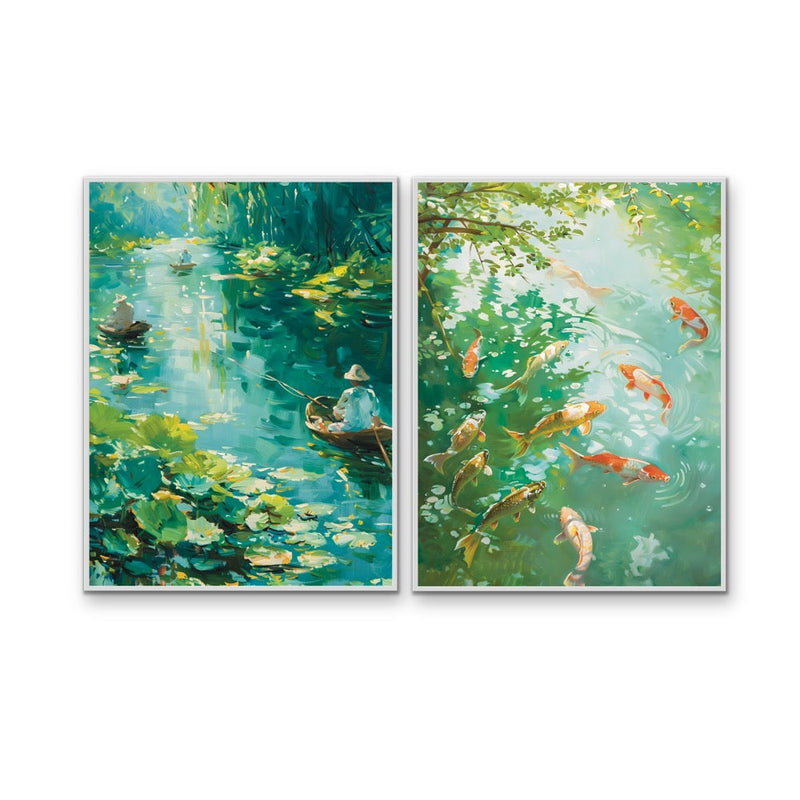 Amongst the Koi - Green Two Piece Nature Set, Stretched Canvas or Wall Art Print I Heart Wall Art Australia