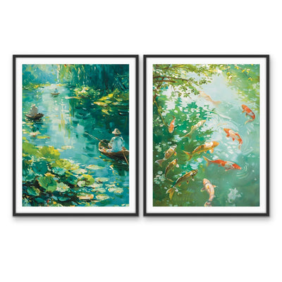 Amongst the Koi - Green Two Piece Nature Set, Stretched Canvas or Wall Art Print I Heart Wall Art Australia