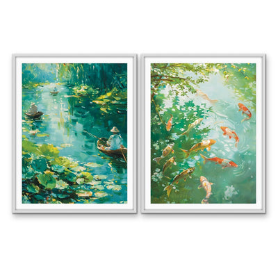 Amongst the Koi - Green Two Piece Nature Set, Stretched Canvas or Wall Art Print I Heart Wall Art Australia