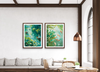 Amongst the Koi - Green Two Piece Nature Set, Stretched Canvas or Wall Art Print I Heart Wall Art Australia