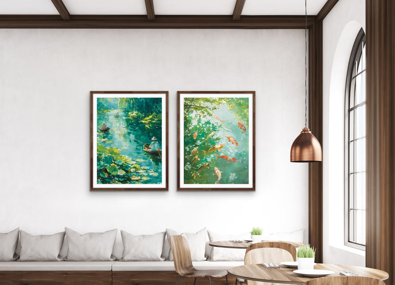 Amongst the Koi - Green Two Piece Nature Set, Stretched Canvas or Wall Art Print I Heart Wall Art Australia