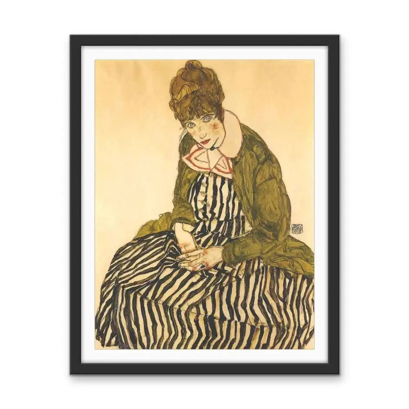 Portrait of Edith Schiele with Striped Dress, Sitting by Egon Schiele - Stretched Canvas Print or Framed Fine Art Print - Artwork I Heart Wall Art Australia