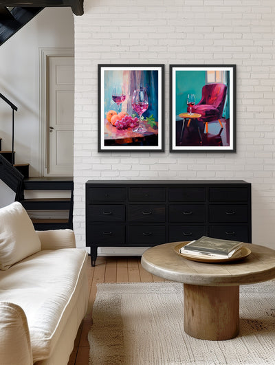 You, Me and A Glass of Red - Two Piece Still Life Restaurant Artworks