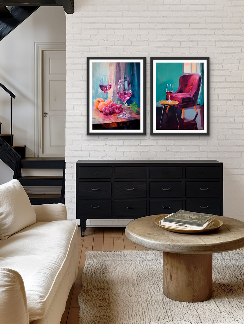 You, Me and A Glass of Red - Two Piece Still Life Restaurant Artworks