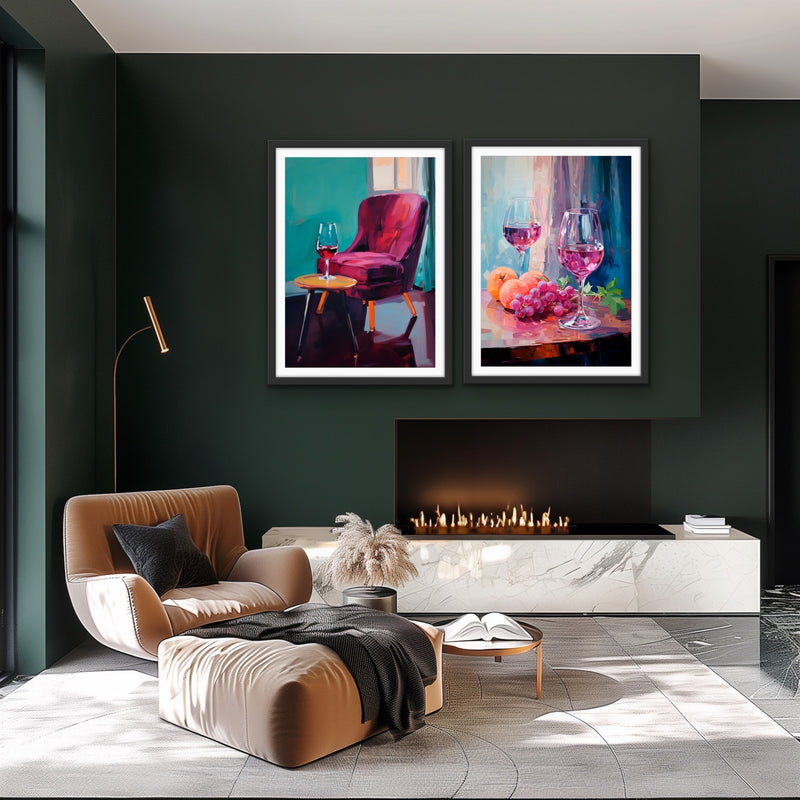 You, Me and A Glass of Red - Two Piece Still Life Restaurant Artworks
