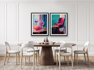You, Me and A Glass of Red - Two Piece Still Life Restaurant Artworks