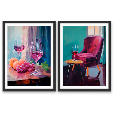 You, Me and A Glass of Red - Two Piece Still Life Restaurant Artworks