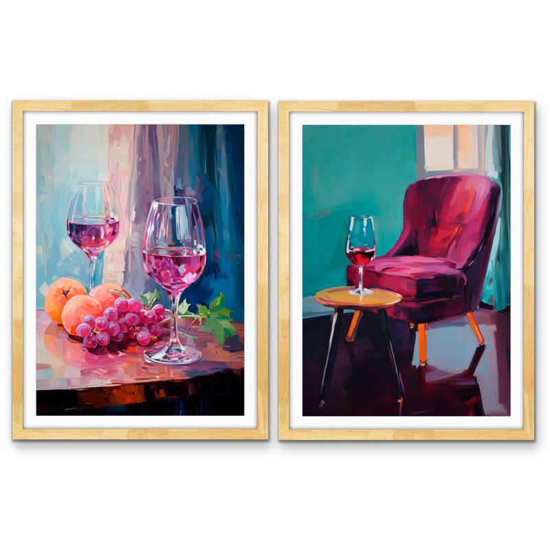 You, Me and A Glass of Red - Two Piece Still Life Restaurant Artworks