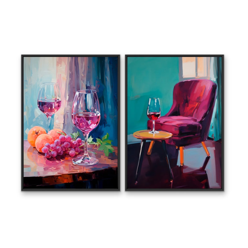 You, Me and A Glass of Red - Two Piece Still Life Restaurant Artworks