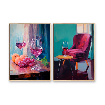 You, Me and A Glass of Red - Two Piece Still Life Restaurant Artworks