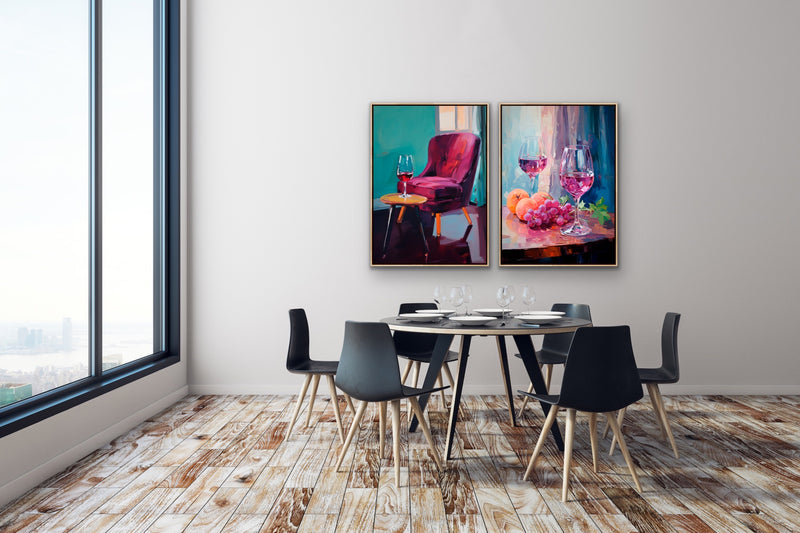 You, Me and A Glass of Red - Two Piece Still Life Restaurant Artworks