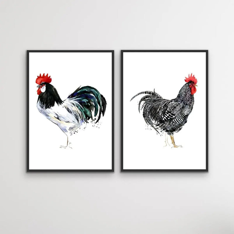 Rooster Stand Off - Two Piece Watercolour Rooster Canvas or Art Print Set Diptych I Heart Wall Art Australia