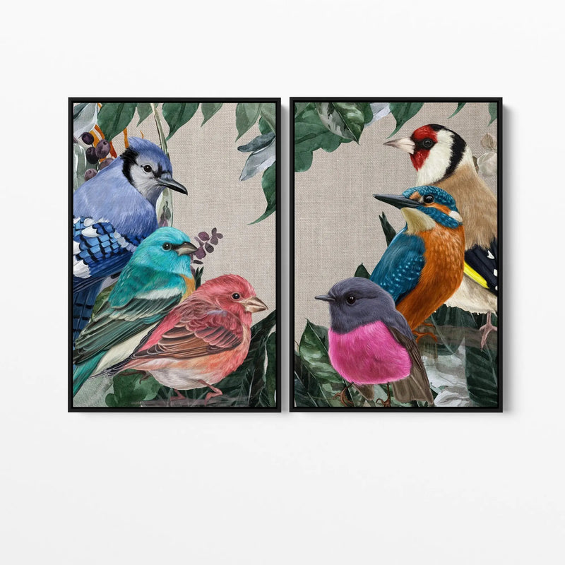 Sing A Song Of Six Birds - Two Piece Watercolour Nature Birds and Foliage Canvas or Art Print Set - Nature Wall Art Diptych I Heart Wall Art Australia