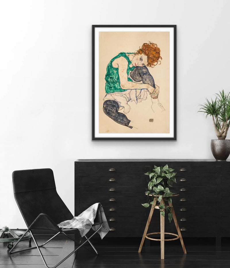 Sitting Woman with Legs Drawn Up by Egon Schiele - Stretched Canvas Print or Framed Fine Art Print - Artwork - I Heart Wall Art