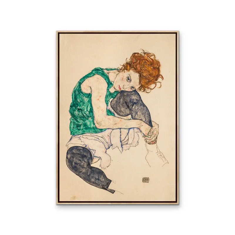 Sitting Woman with Legs Drawn Up by Egon Schiele - Stretched Canvas Print or Framed Fine Art Print - Artwork - I Heart Wall Art