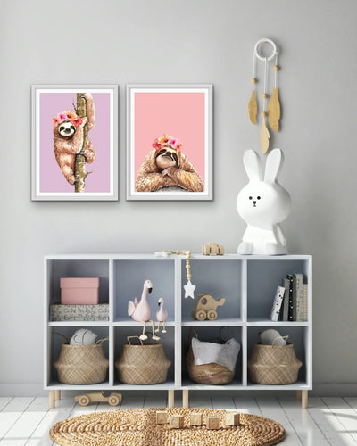 Sloths - Two Piece Kids Sloth Set- Stretched Canvas Print or Framed Fine Art Print - Artwork - I Heart Wall Art