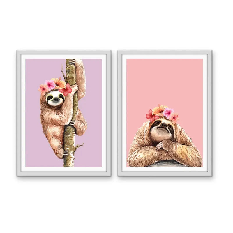 Sloths - Two Piece Kids Sloth Set- Stretched Canvas Print or Framed Fine Art Print - Artwork - I Heart Wall Art
