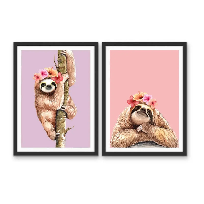 Sloths - Two Piece Kids Sloth Set- Stretched Canvas Print or Framed Fine Art Print - Artwork - I Heart Wall Art