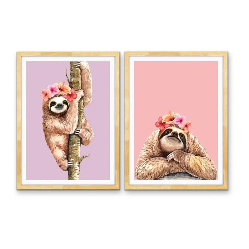 Sloths - Two Piece Kids Sloth Set- Stretched Canvas Print or Framed Fine Art Print - Artwork - I Heart Wall Art