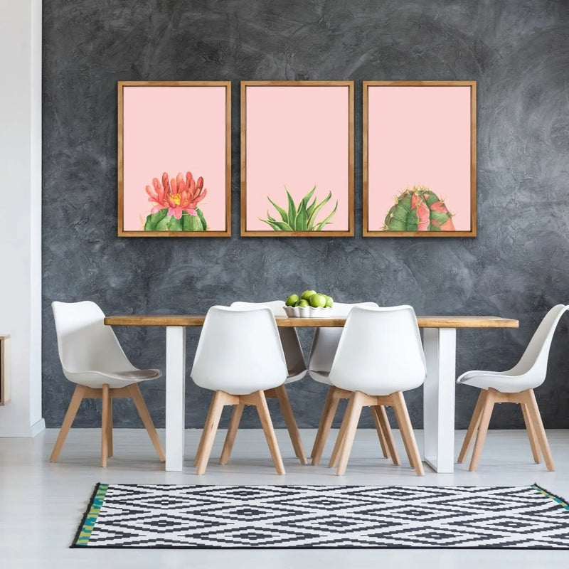 Succulents On Pink - Three Piece Succulent Watercolour Canvas Wall Art Print s Triptych