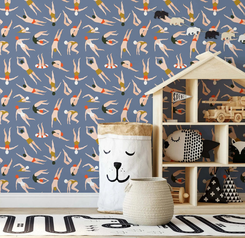 Summer Afternoons At The Pool- Colourful Swimmers Kids Peel and Stick Removable Wallpaper (Copy) I Heart Wall Art Australia
