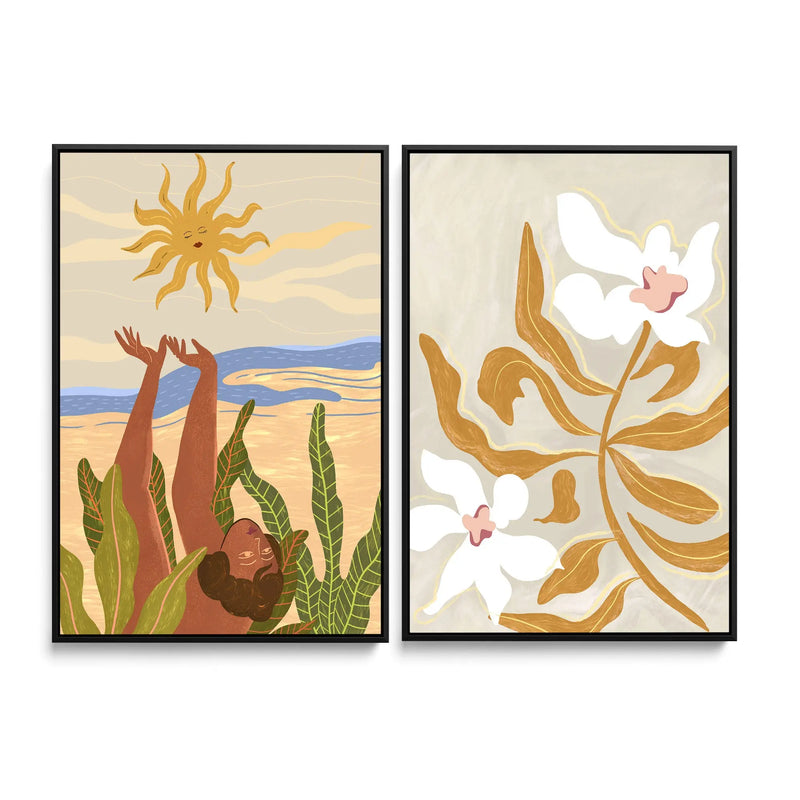 Sun Worship and Flowerflowerflower by Arty Guava - Two Piece Stretched Canvas or Art Print Set Diptych I Heart Wall Art Australia 