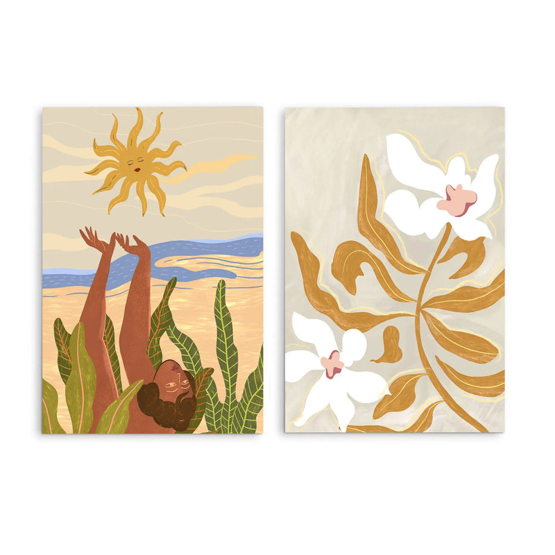 Sun Worship and Flowerflowerflower by Arty Guava - Two Piece Stretched Canvas or Art Print Set Diptych I Heart Wall Art Australia 