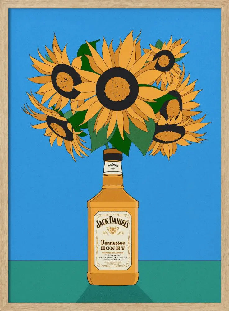 Sunflowers in Honey Whiskey Retro Illustration - Stretched Canvas, Poster or Fine Art Print I Heart Wall Art