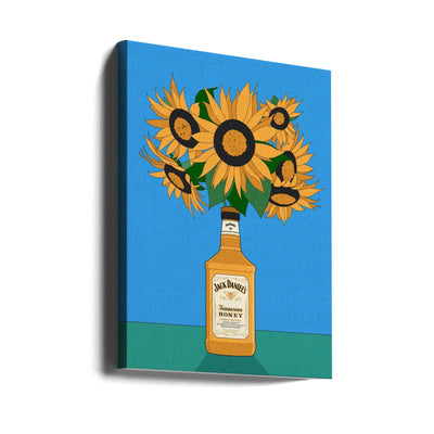 Sunflowers in Honey Whiskey Retro Illustration - Stretched Canvas, Poster or Fine Art Print I Heart Wall Art