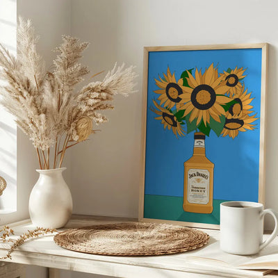 Sunflowers in Honey Whiskey Retro Illustration - Stretched Canvas, Poster or Fine Art Print I Heart Wall Art