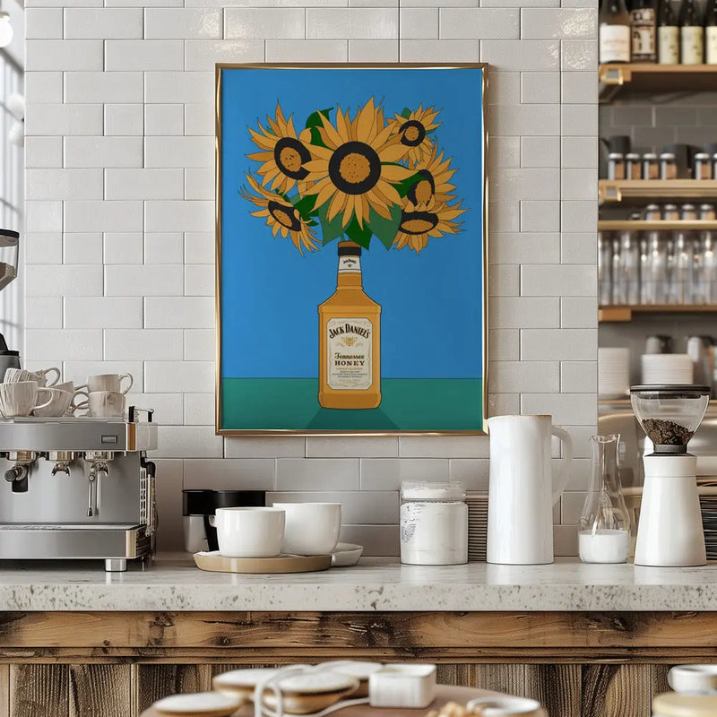 Sunflowers in Honey Whiskey Retro Illustration - Stretched Canvas, Poster or Fine Art Print I Heart Wall Art