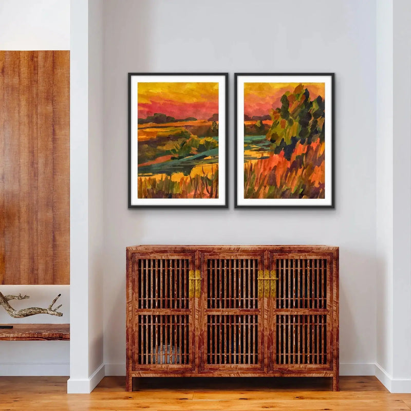 Sunset On The Riverbend - Two Piece Landscape Pink and Orange Print Set Diptych - I Heart Wall Art