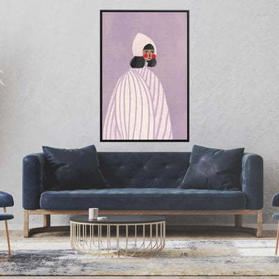 The Woman With The White Hat by Bea Muller - Purple and White Stretched Canvas Print or Framed Fine Art Print - Artwork