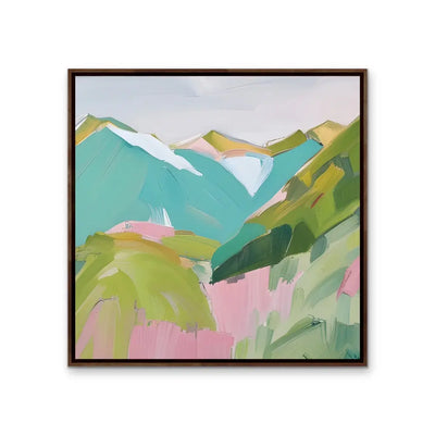 To The Mountains - Edition Two - Pink and Green Square Mountain Stretched Canvas Canvas Print, Poster Print or Framed Art Print I Heart Wall Art Australia 