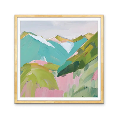 To The Mountains - Edition Two - Pink and Green Square Mountain Stretched Canvas Canvas Print, Poster Print or Framed Art Print I Heart Wall Art Australia 