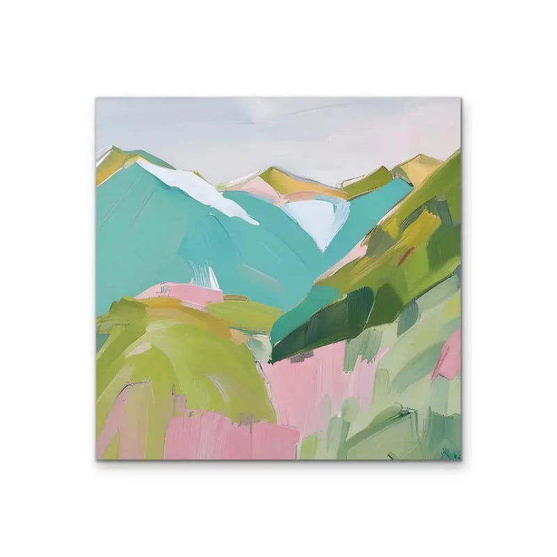 To The Mountains - Edition Two - Pink and Green Square Mountain Stretched Canvas Canvas Print, Poster Print or Framed Art Print - I Heart Wall Art