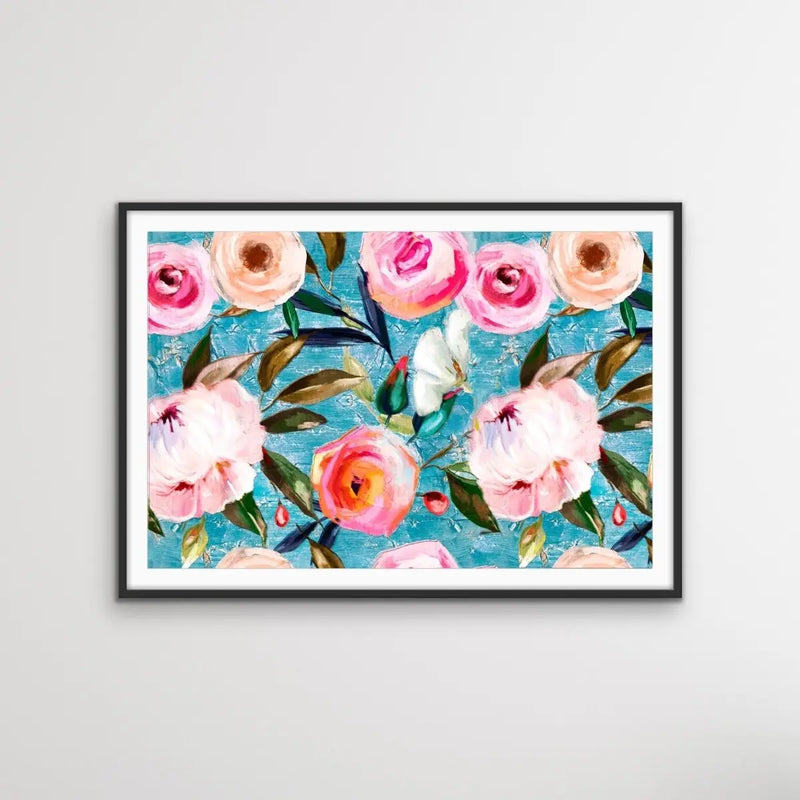 Walk In the Garden In Blue- Bright Floral Artwork With Flowers Oil Painting Wall Art Print - I Heart Wall Art
