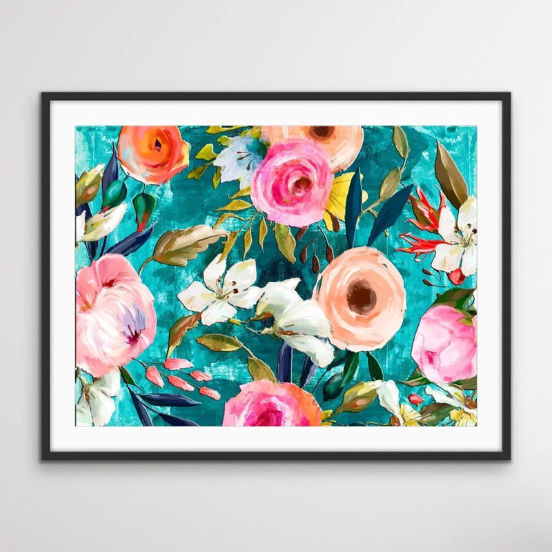 Walk In the Garden In Turquoise- Bright Floral Artwork With Flowers Oil Painting Wall Art Print