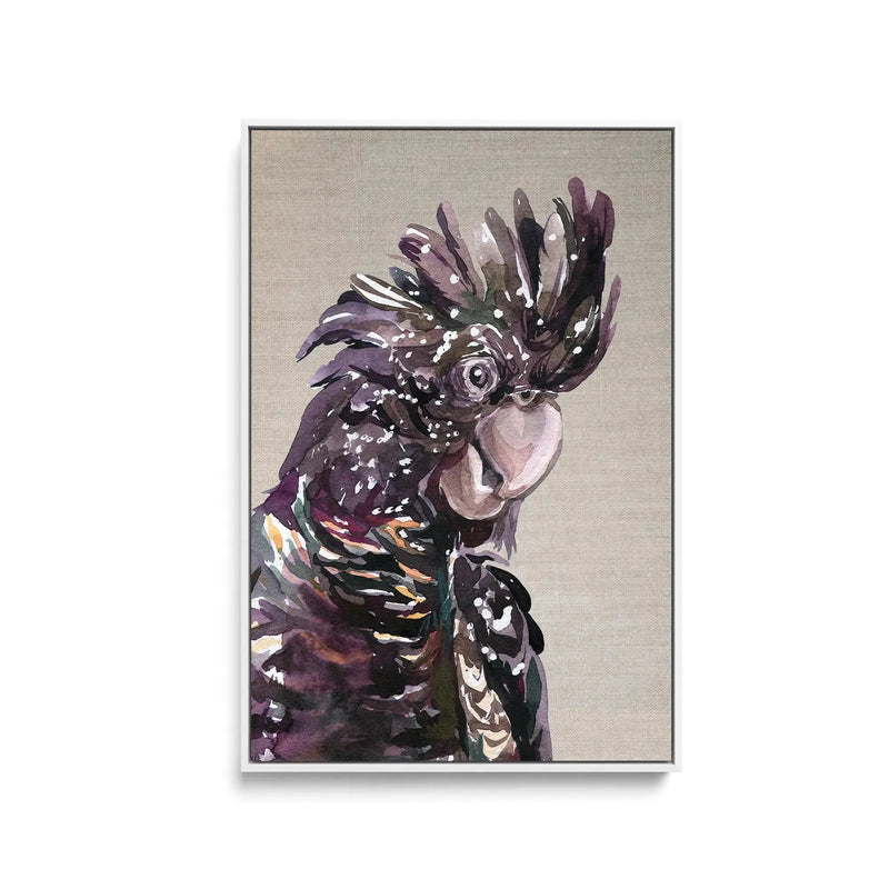 Watercolour Black Cockatoo On Linen - Stretched Canvas Print or Framed Fine Art Print I Heart Wall Art Australia