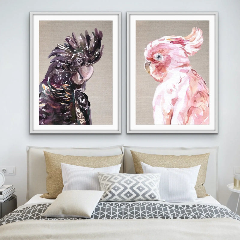 Watercolour Cockatoo Pair On Linen - Two Piece Black and Pink Cockatoo Prints Diptych